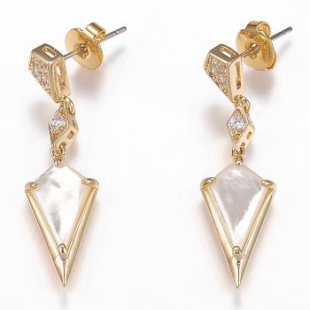 Brass Micro Pave Clear Cubic Zirconia Dangle Stud Earrings, with Natural White Shell Mother of Pearl Shell and Ear Nuts, Rhombus, Golden, 34mm, Pin: 0.6mm
