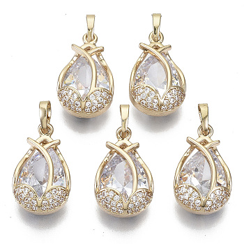 Brass Micro Cubic Zirconia Pendants, with Glass and Brass Snap on Bails, Teardrop, Light Gold, Clear, 19x12.5x8mm, Hole: 6x4mm