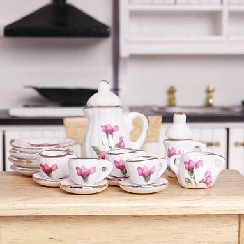 Mini Ceramic Tea Sets, including Cup, Teapot, Saucer, Micro Landscape Garden Dollhouse Accessories, Pretending Prop Decorations, Flower, 13~27mm, 15pcs/set