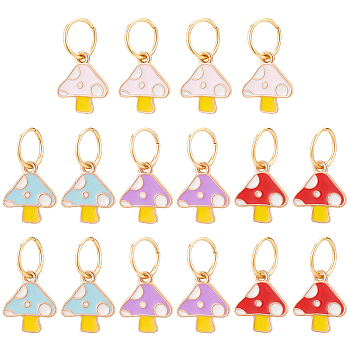 Autumn Theme Mushroom Alloy Enamel Charms, with 304 Stainless Steel Jump Rings, for Shoe Pendant Accessories, Mixed Color, 15x13x1.5mm, Jump Ring: 10x1mm, Inner Diameter: 8mm, 16pcs/set