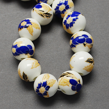 Handmade Printed Porcelain Beads, Round, Blue, 8mm, Hole: 2mm