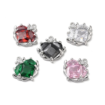Glass Rhinestone Charms, with Brass Findings, Faceted, Heart Charm, Real Platinum Plated, 14.5x14x4mm, Hole: 1mm