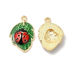 Alloy Enamel Pendants, Cadmium Free & Nickel Free & Lead Free, Golden, Leaf with Ladybug Charm, Green, 23x15x3.5mm, Hole: 1.6mm(X-ENAM-C005-21G)