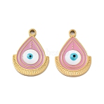 Ion Plating(IP) 316 Surgical Stainless Steel Pendants, Nickel Free, with Enamel, Real 18K Gold Plated, Teardrop with Evil Eye Charm, Flamingo, 17x13x3mm, Hole: 1.4mm(STAS-U014-57G-02)