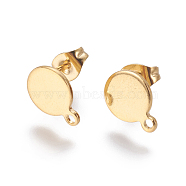 304 Stainless Steel Stud Earring Findings, with Loop and Flat Plate, Flat Round, Real 24K Gold Plated, 10.5x8x1mm, Hole: 1.2mm(STAS-G190-07G)
