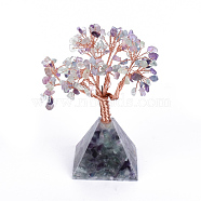 Natural Fluorite Chips and Gemstone pedestal Display Decorations, Healing Stone Tree, for Reiki Healing Crystals Chakra Balancing, with Rose Gold Tone Aluminum Wires, Lucky Tree, 120~150x60x59mm(G-S282-10)