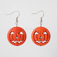 Halloween Pumpkin Jack-O'-Lantern Jack o Lantern Synthetic Turquoise Dangle Earrings, with Brass Earring Hooks, Silver Color Plated, 45mm, Pin: 0.7mm(EJEW-JE01571-01)