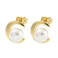 Brass Ear Studs, with Plastic Bead, Moon, 12.5x11mm(EJEW-P2261-46G-01)