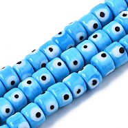 Handmade Evil Eye Lampwork Beads Strands, Column, Deep Sky Blue, 8.5x6~7mm, Hole: 2mm, about 53~56pcs/strand, 13.78 inch~14.17 inch(35cm~36cm)(LAMP-WH0006-05D)