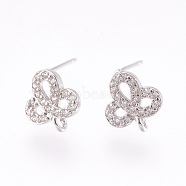 Brass Micro Pave Cubic Zirconia Stud Earring Findings, with Loop, Lead Free & Cadmium Free, Flower, Clear, Platinum, 10x9x2mm, Hole: 0.8mm, Pin:0.6mm(KK-F753-03P-RS)