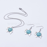 304 Stainless Steel Jewelry Sets, Earrings & Necklaces, with Synthetic Turquoise & Antique Silver Plated Alloy Elephant Pendants, with Cardboard Jewelry Set Boxes, 17.5 inch(44.5cm), 44mm, Pin: 0.5mm(SJEW-JS00942)