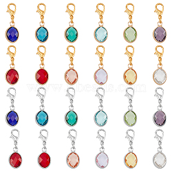 Elite 24Pcs 24 Styles Faceted Glass Pendant Decorations, Clip-on Birthstone Dangle Charms, Alloy Lobster Clasps Charms, for Keychain, Purse, Backpack Ornament, Oval, Mixed Color, 24mm, 1pc/style(FIND-PH0010-21)