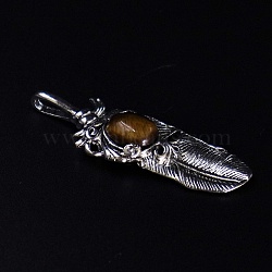 Natural Tiger Eye Big Pendants, Platinum Plated Alloy Feather Charms, 60x18mm(FIND-PW0015-26D)