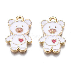 Alloy Pendants, with Enamel, Cadmium Free & Lead Free, Light Gold, Bear with Heart, White, 19.5x13x1.5mm, Hole: 2mm(ENAM-S119-087D-RS)