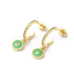 Ring & Evil Eye Real 18K Gold Plated Brass Stud Earrings, Half Hoop Earrings with Cubic Zirconia and Enamel, Lime Green, 22.5x7mm(EJEW-L268-037G-03)