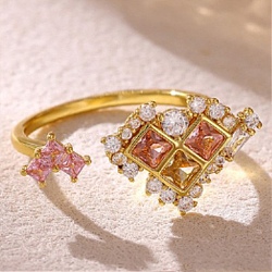 Brass Micro Pave Cubic Zirconia Cuff Open Rings for Women, Heart, Real 18K Gold Plated, 23x11.5mm, US Size 7 1/4(17.5mm)(CU-CBA46D5-08G)