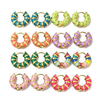 Enamel Round Hoop Earrings, Real 14K Gold Plated 304 Stainless Steel Jewelry for Women, Mixed Color, 18x21x6mm, Pin: 1mm