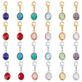 Elite 24Pcs 24 Styles Faceted Glass Pendant Decorations, Clip-on Birthstone Dangle Charms, Alloy Lobster Clasps Charms, for Keychain, Purse, Backpack Ornament, Oval, Mixed Color, 24mm, 1pc/style