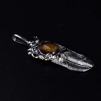 Natural Tiger Eye Big Pendants, Platinum Plated Alloy Feather Charms, 60x18mm