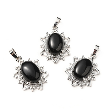 Natural Obsidian Pendants, Flower Charms, with Platinum Tone Brass Findings, Cadmium Free & Lead Free, 32x23x9.5~10.5mm, Hole: 7x5mm