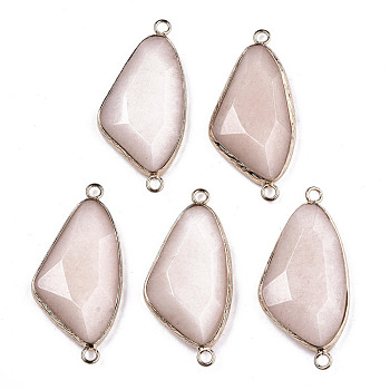 Natural White Jade Links Connectors, with Light Gold Tone Brass Findings, Faceted Triangle, Pink, 41.5x20x5.5mm, Hole: 2mm