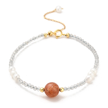 Natural Strawberry Quartz Bead and Natural Moonstone Bead Bracelets, with Sterling Silver Beads and Pearl Beads, Real 18K Gold Plated, 16.3cm