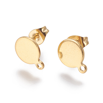 304 Stainless Steel Stud Earring Findings, with Loop and Flat Plate, Flat Round, Real 24K Gold Plated, 10.5x8x1mm, Hole: 1.2mm
