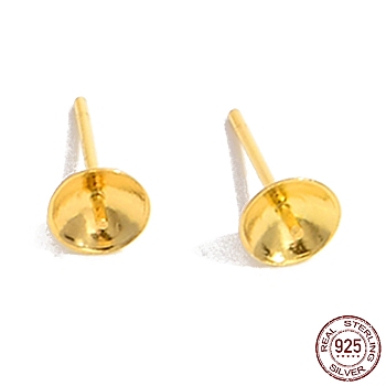 925 Sterling Silver Stud Earring Findings, for Half Drill Beads, with S925 Stamp, Real 18K Gold Plated, 13x6mm, Inner Diameter: 5.6mm, Pin: 11x0.7mm