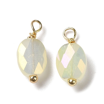 Electroplate Glass Charms, with Real 18K Gold Plated Brass Loop, Faceted Oval Charm, White, 13.5x6x4mm, Hole: 1.6mm