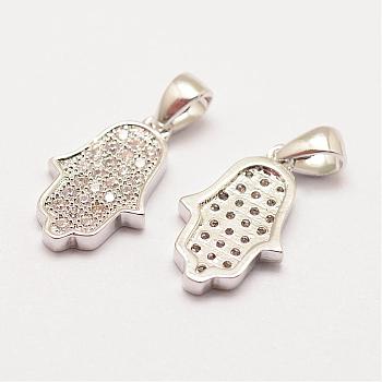 Brass Micro Pave Grade AAA Cubic Zirconia Charms, Long-Lasting Plated, Hamsa Hand/Hand of Fatima/Hand of Miriam, Cadmium Free & Nickel Free & Lead Free, Real Platinum Plated, 14x9x2mm, Hole: 3x4mm