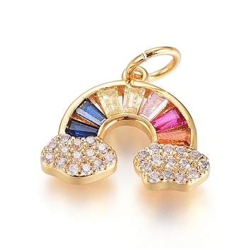 Brass Micro Pave Cubic Zirconia Pendants, with Jump Ring, Long-Lasting Plated, Rainbow, Colorful, Real 18K Gold Plated, 11.5x14x2mm, Hole: 3.5mm