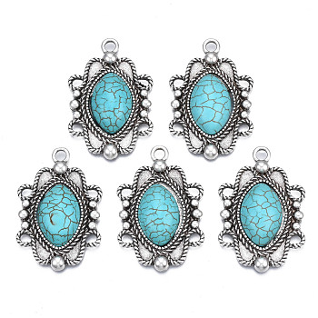 Synthetic Turquoise Pendants Settings for Enamel, with Aolly Findings, Cadmium Free & Nickel Free & Lead Free, Oval, Sky Blue, 39.5x26x7mm, Hole: 3mm