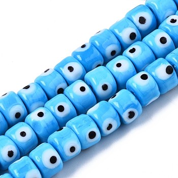 Handmade Evil Eye Lampwork Beads Strands, Column, Deep Sky Blue, 8.5x6~7mm, Hole: 2mm, about 53~56pcs/strand, 13.78 inch~14.17 inch(35cm~36cm)