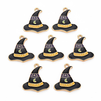 Light Gold Alloy Enamel Pendants, Cadmium Free & Nickel Free & Lead Free, Witch Hat with Moon & Word BAD WITCH, Black, 23x21x2.5mm, Hole: 1.8mm
