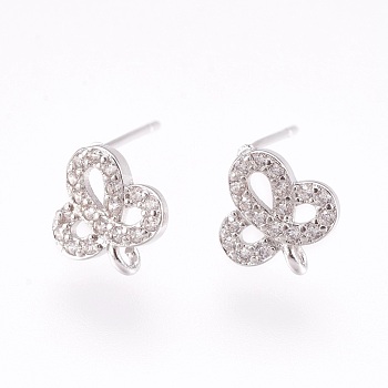 Brass Micro Pave Cubic Zirconia Stud Earring Findings, with Loop, Lead Free & Cadmium Free, Flower, Clear, Platinum, 10x9x2mm, Hole: 0.8mm, Pin:0.6mm