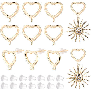 6 Pairs Brass Stud Earring Findings, with Vertical Loops, Heart, with 30Pcs Plastic Ear Nuts, Real 14K Gold Plated, 13x11.5mm, Hole: 1.4mm, Pin: 0.8mm