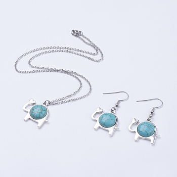 304 Stainless Steel Jewelry Sets, Earrings & Necklaces, with Synthetic Turquoise & Antique Silver Plated Alloy Elephant Pendants, with Cardboard Jewelry Set Boxes, 17.5 inch(44.5cm), 44mm, Pin: 0.5mm