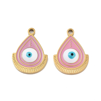 Ion Plating(IP) 316 Surgical Stainless Steel Pendants, Nickel Free, with Enamel, Real 18K Gold Plated, Teardrop with Evil Eye Charm, Flamingo, 17x13x3mm, Hole: 1.4mm