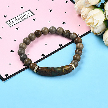 Natural Ocean Jasper Beads Stretch Bracelets, with Brass Beads, Inner Diameter: 2~2-1/8 inch(51mm~53mm), Beads: 8mm in Diameter, Brass Finding: 7.5x3mm, Rectangular: 35x10.5x5.5~6mm