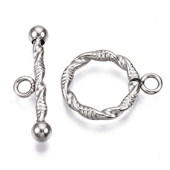 201 Stainless Steel Toggle Clasps, Textured, Ring, Stainless Steel Color, Ring: 19x15x2mm, Hole: 2mm, Bar: 25x7x4mm, Hole: 2mm.