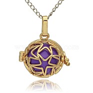 Golden Tone Brass Hollow Round Cage Pendants, with No Hole Spray Painted Brass Ball Beads, Blue Violet, 23x24x18mm, Hole: 3x8mm(KK-J231-09G)