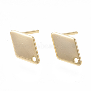 Brass Stud Earring Findings, with Loop and Flat Plate, Rhombus, Nickel Free, Real 18K Gold Plated, 11x7x0.5mm, Hole: 1mm, Pin: 0.7mm(X-KK-N186-60)