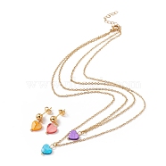 Synthetic Shell Heart Pendant Double Layer Neckalces and Dangle Stud Earrings, Gold Plated 304 Stainless Steel Jewelry Sets for Women, Colorful, 16.22 inch(41.2cm), 20~21.5mm, Pin: 0.8mm(SJEW-F217-05A-G)
