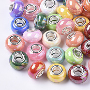 Opaque Resin European Beads, Large Hole Beads, Imitation Porcelain, with Platinum Tone Brass Double Cores, AB Color, Rondelle, Mixed Color, 14x9mm, Hole: 5mm(RPDL-T038-007)