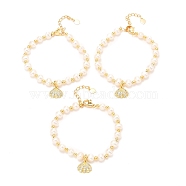 Brass Micro Pave Cubic Zirconia Shell Shape Charms Bracelets, Real 18K Gold Plated, with Natural Pearl, Long-Lasting Plated, White, 6-3/8 inch(16.2cm)(BJEW-D447-12G-01)