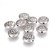 Tibetan Style Alloy Beads, Flat Round with Lotus, Lead Free & Nickel Free & Cadmium Free, Thailand Sterling Silver Plated, 14x6.5mm, Hole: 1mm(X-TIBEB-Q067-08TAS-NR)