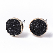 Electroplate Druzy Resin Stud Earrings, with Iron Pins and Light Gold Plated Iron Findings, Flat Round, Black, 10mm, Pin: 0.6mm(RESI-S383-029A)