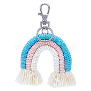 Rainbow Cotton Tassel Keychain, with Alloy Finding and Iron Clasp, Deep Sky Blue, 12.5cm(KEYC-WH0029-44)