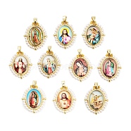 Rack Plating Brass Enamel Pendants, with Plastic Imitation Pearl, Long-Lasting Plated, Cadmium Free & Lead Free, Real 18K Gold Plated, Oval with Virgin Mary Charm, Mixed Color, 28x22.5x6mm, Hole: 4.5x3.5mm(KK-C056-07G)