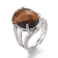 Adjustable Faceted Natural Tiger Eye Finger Rings, with Platinum Brass Findings, Oval, Size 8, Inner Diameter: 18mm(RJEW-I068-B02-1)